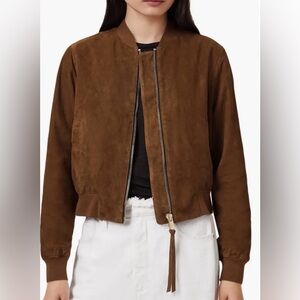 AllSaints Orten Suede Bomber Jacket Cognac Brown Women’s Size 2